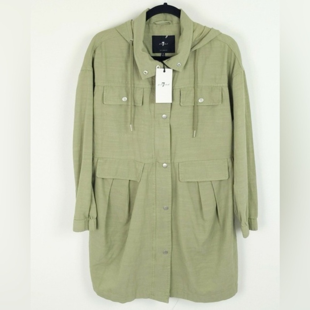 7 For All Mankind Green Hoodie Parka Flounce Utility Zip Jacket Sz S Like New!
